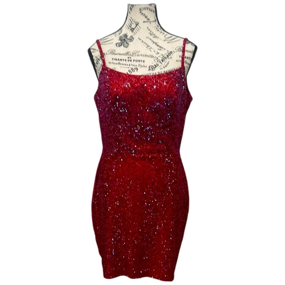 Amarra Red Rhinestone Mini Bodycon Dress Open Back Size 6